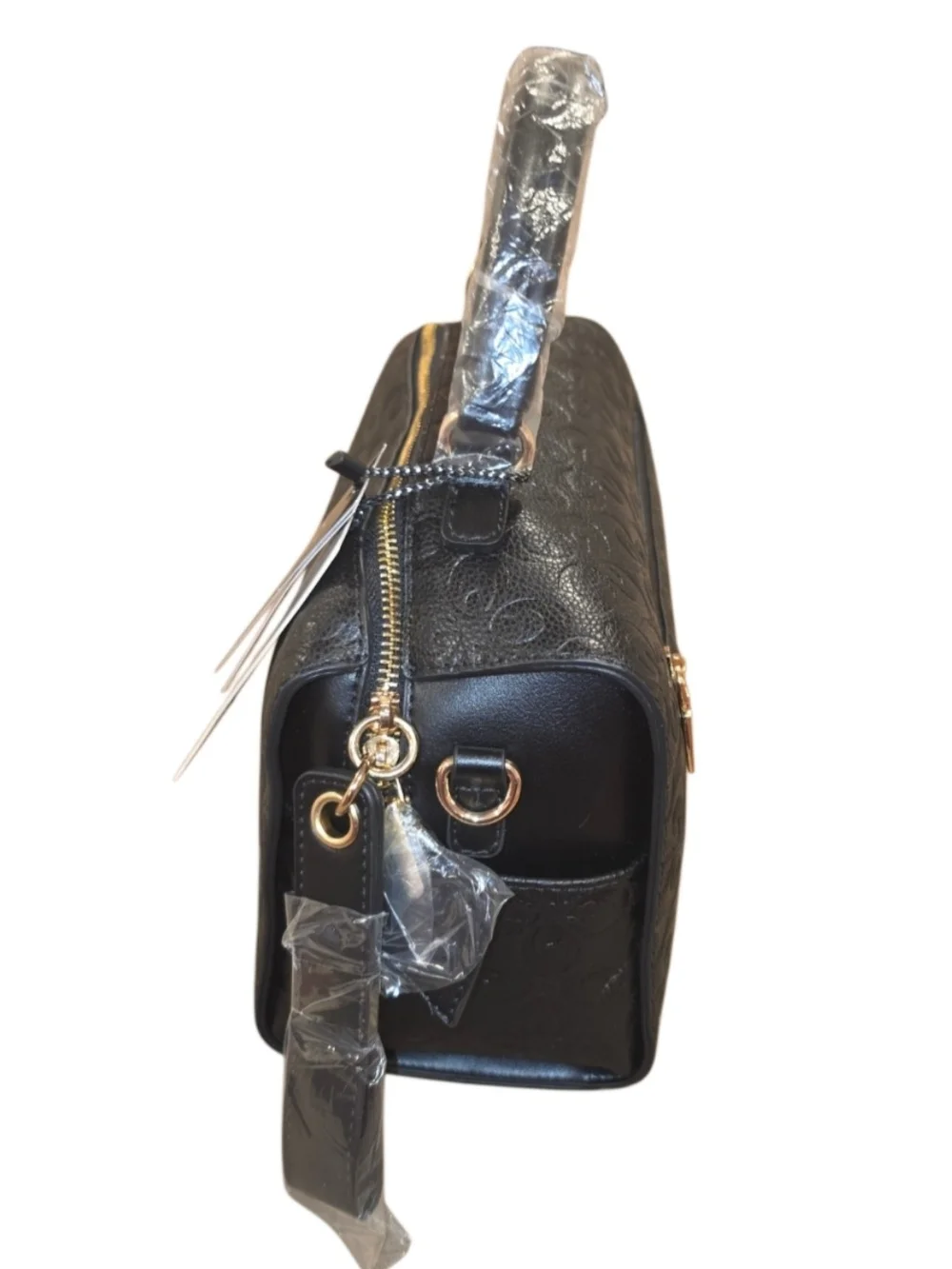 Brand New - Black Embossed Top-Handle Satchel with Matching Wallet & Strap